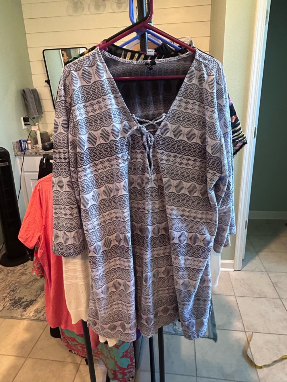 Grey & White  Patterned Tie-Front Tunic swim cover-up